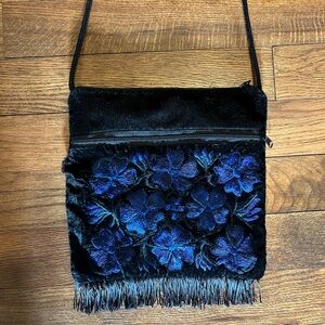 Vintage Velvet Embroidered Blue Floral Crossbody Purse Two Pocket Zipper Fringe
